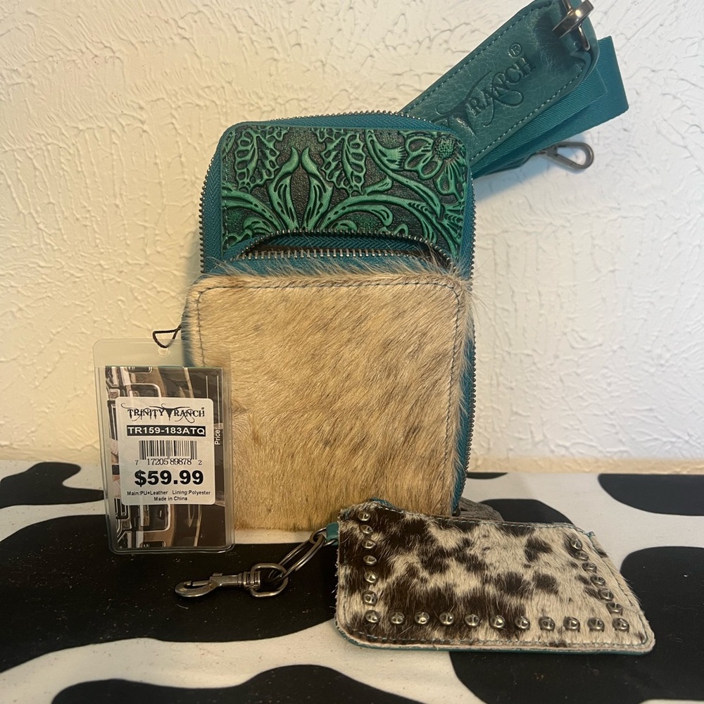 Turquoise and Cowhide Crossbody Bag Set
